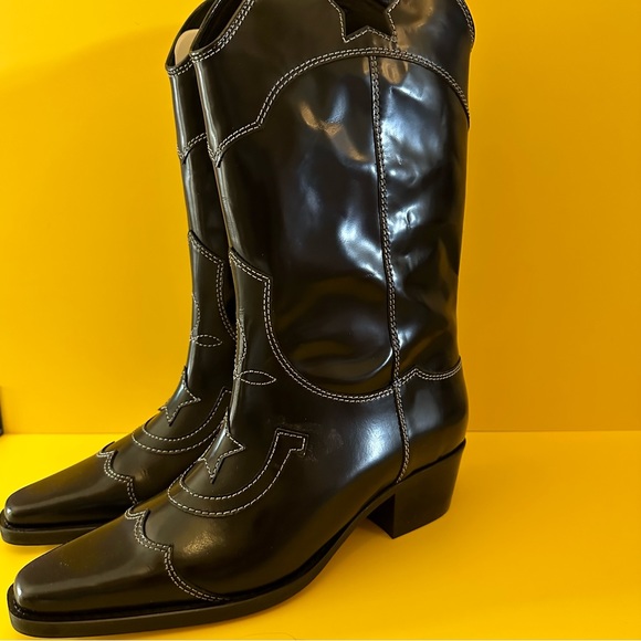 NWT Ganni Marlyn Black Patent Leather Western Cowboy Boots - Picture 2 of 11